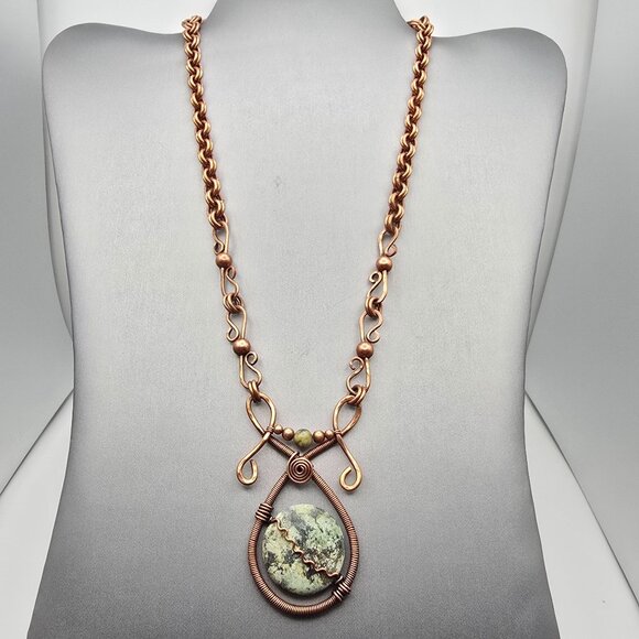 VTG Copper Wire Wrapped Jasper Pendant Necklace 18" Adjustable Length Statement - Picture 2 of 11